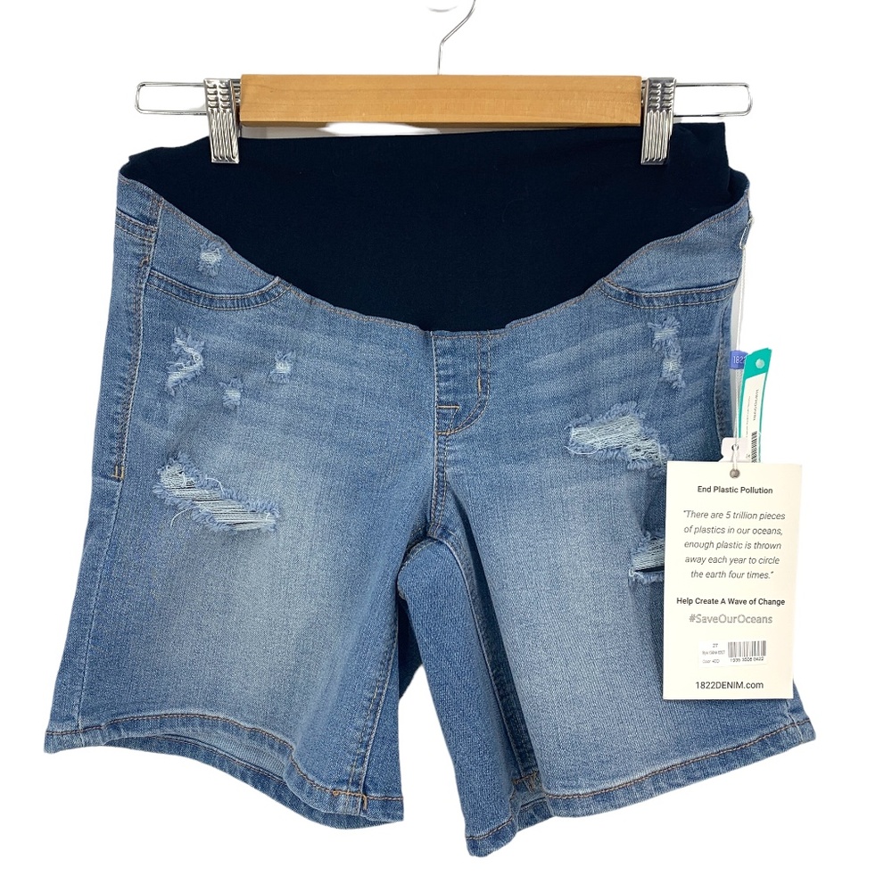 1822 Denim Evalyn Maternity Sustainable Roll Cuff Distressed Short Sz 27